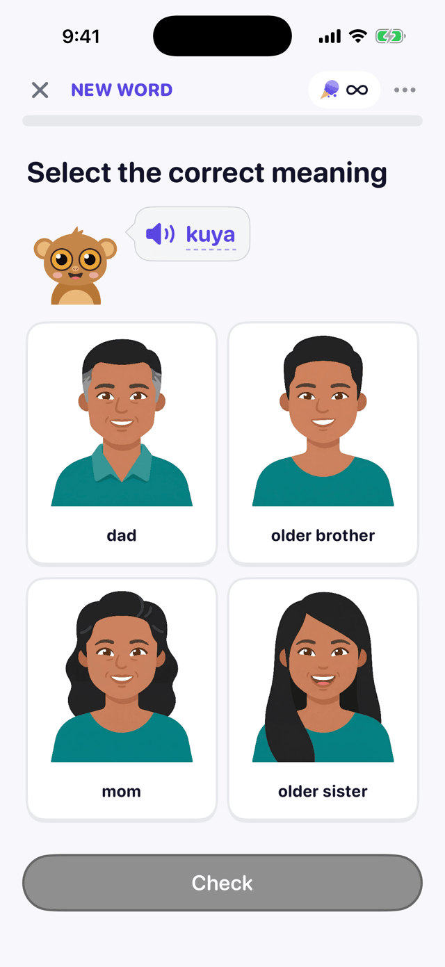 A quiz asking what kuya means, with dad, older brother, mom and older sister to pick from